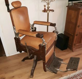 Gorgeous Brown Leather & Tiger Oak 1900 Koken Barber Chair W/lever Must Sell