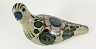 Vintage Hand Painted Folk Art Pottery Gray Bird Figure Made In Mexico Floral