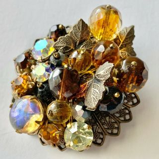 Vintage Amber Glass Ab Crystal Rhinestone Flower Leaf Cluster Brooch Pin 403