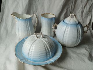 Antique Porcelain Table Set,  Blue Sea Urchin - Butter,  Spooner,  Cream And Sugar