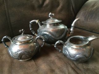 Antique Chinese Export.  900 Coin Silver 3 Piece Tea Set.
