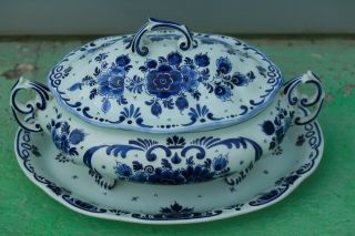 Antique Delft Blue Hand - Painted Soup Tureen With Lid On Plate Flower Design