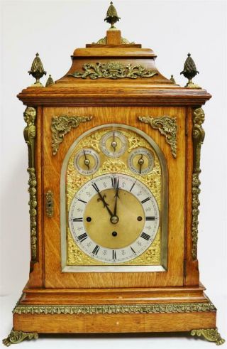 Rare Antique Oak & Ormolu Triple Fusee Musical 8 Bell Directors Bracket Clock