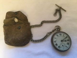 Vintage Chrome Pocket Watch With A Nickel T - Bar Chain Fob Needs Servicing