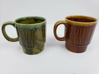 Set Of 2 Vintage Retro Stackable green/brown Coffee Cups Made in Japan 3
