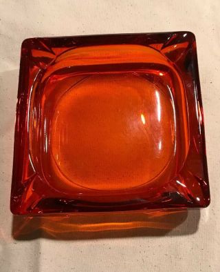 Large Square Orange Glass Vintage Mid Century Modern Ashtray,  Very Heavy EUC. 2