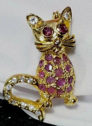 Vintage Estate Gold Pink Rhinestone Kitty Cat Brooch Pin