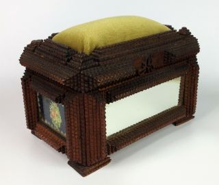 Antique 19th Century Tramp Art Box - American Folk Art Signed Wooden Cigar Sewing