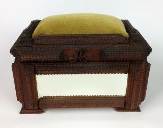 Antique 19th Century Tramp Art Box - American Folk Art Signed Wooden Cigar Sewing 2