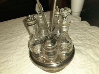 Vintage Reed & Barton Cruet Condiment Set Silver Plated Etched Glass