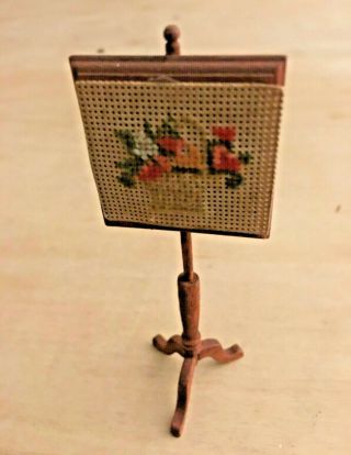 Vintage Dollhouse Miniature Wooden Fireplace Pole Screen With Simple Needlepoint