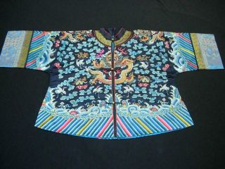 A Good Antique Chinese Embroidered Blue Silk Dragon Robe Jacket