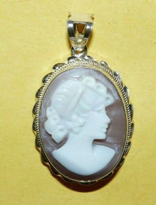 Vintage Italian 925 Sterling Silver Carved Mother Of Pearl Cameo Pendant Signed