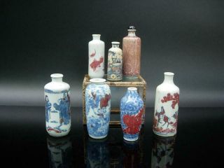 Group Of Seven Antique Chinese Blue,  White & Red Porcelain Snuff Bottles