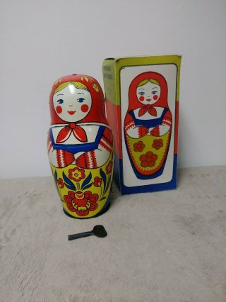 Rare Vintage Russian Ussr Tin Wind Up Nesting Doll Ib