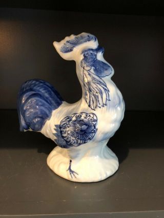 Vintage Cobalt Blue And White Ceramic Rooster,  8” Tall
