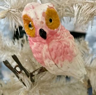 Antique Vintage Owl W Beaded Glass Eyes On Clip Glass German Christmas Ornament