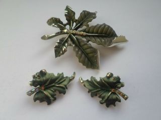 Vintage Green Enamel Leaf Brooch And Earring Set Signed Bsk