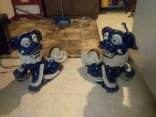 Rare Antique Chinese Porcelain Foo Dog Figurines Pair Blue And White Large