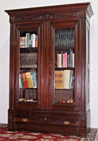Antique American Victorian Carved Two Door Walnut Bookcase Display Case C1870