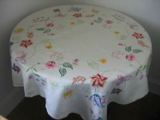 Vintage Linen Tablecloth Floral Hand Embroidery 41 " X 41 "
