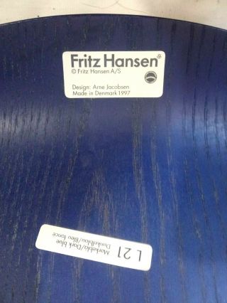 Vtg Dark Blue Chair by Arne Jacobsen for Fritz Hansen L21 Made in Denmark 1997 2