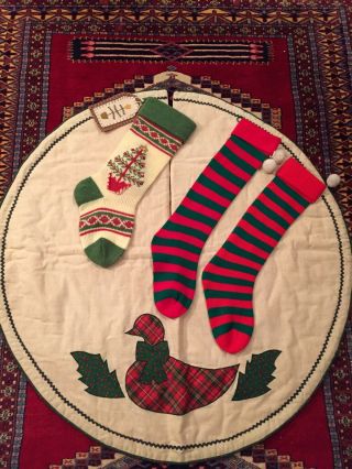 Vintage 3 Christmas Stockings & Handmade Tree Skirt With Plaid Duck