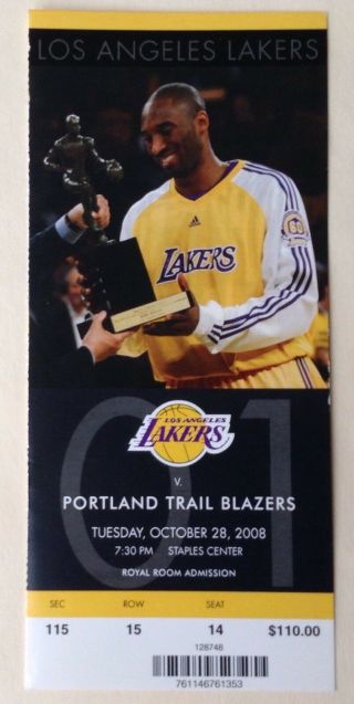 10 - 28 - 2008 Kobe Bryant Double Double 23 Points & 11 Rebounds Ticket