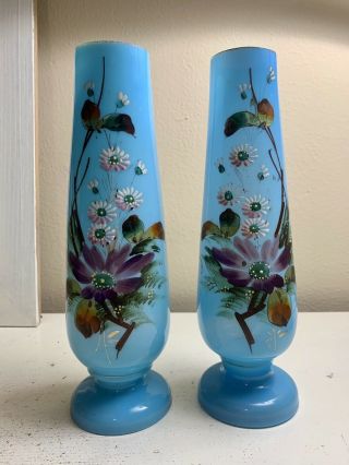 Antique Pair Victorian Hand Painted Bristol Blue Opaline Glass Vases Enamel 10”