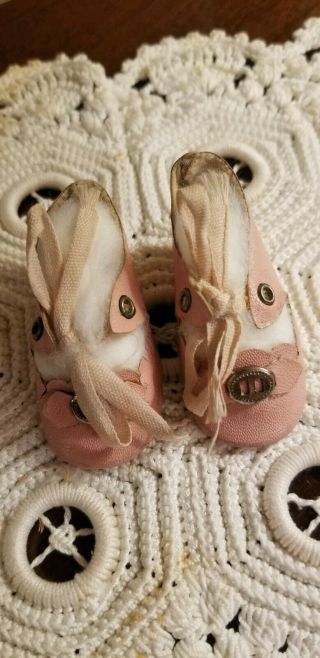Antique Pink Oilcloth Doll 2 " Shoes With Ribbon Ties & Metal Buckles Bows