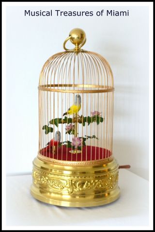 Large Antique French 2 - Singing Birds In Cage Music Box Automaton