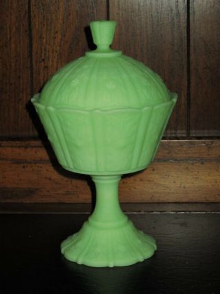 Vintage Fenton Lime Green Custard Glass,  Daisy Panel Covered Compote Candy Dish