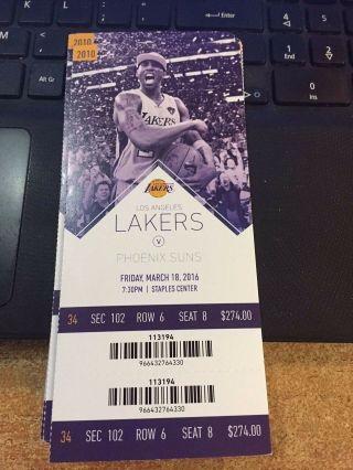 2016 Los Angeles Lakers Vs Suns Ticket Stub 3/18 Kobe Bryant Last Season