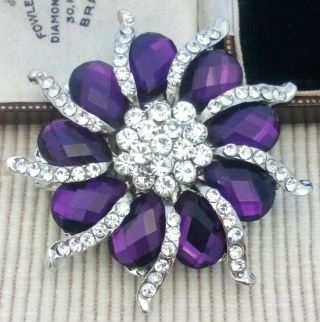 Vintage Style - Amethyst Purple & Diamante Large Flower Statement Brooch Pin