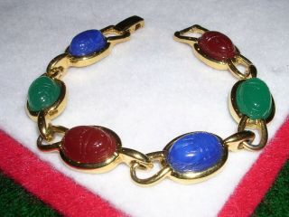 039n Vintage Signed Trifari Goldtone Scarab Bracelet 6 Multi Color Cabochons