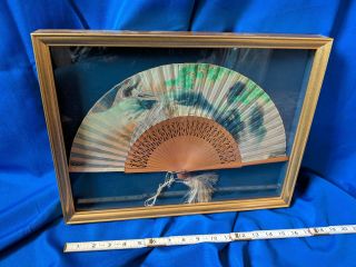 Silk Hand Painted Wood Paper Hand Fan Vtg Picture Frame Shadow Box Gold 17x13