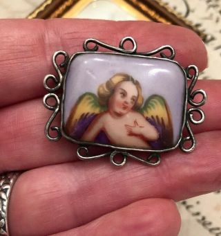 Antique French Silver Brooch Hand Painted Porcelain Cherub Angel Cupid