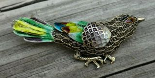 Vtg Chinese Export Gilt Filigree Silver Signed Color Enamel Bird Pin Brooch