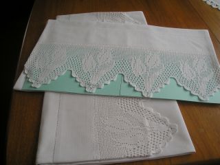 Pillowcases Vintage White Cotton Hand Crochet Lace Trim