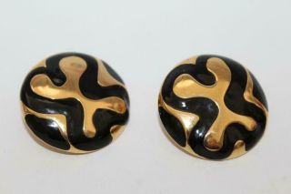 Monet Vintage Gold Tone/black Enamel Round Clip - On Earrings 1 1/8 " (1110)