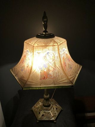 Antique Art Deco Cast Iron Reverse Painted And Textured Lightolier Lamp 24 " X 14
