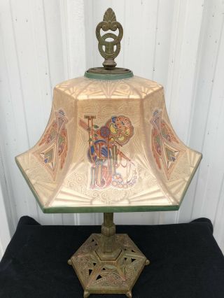 Antique Art Deco Cast Iron Reverse Painted And Textured Lightolier Lamp 24 