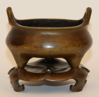 Antique Chinese Bronze Censer On Lotus Stand