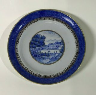 18th C Chinese Export Porcelain Plate With Town Scene Decoration