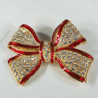 Vintage Red Enamel Rhinestone Gold Tone Bow Brooch Signed Roman Christmas Pin
