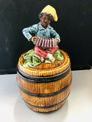Antique Figural Majolica Tobacco Jar W/black Child Great Colors
