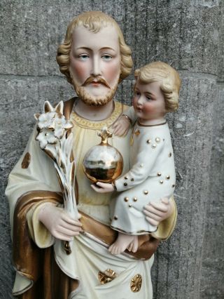 Big Antique Porcelain Bisque St Joseph Child Jesus Altar Standing Figure Statue