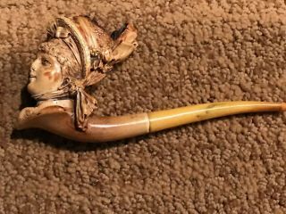 Handmade Briar Wood Carved Smoking Pipe - With Female Figure And Bonnet