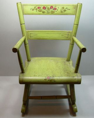 Vintage Handpainted Folk Art Childs Rocker Rocking Chair Signed Dew Green Red