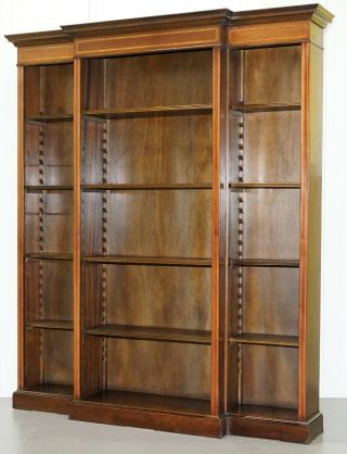 Lovely Mahogany Breakfront Library Bookcase With Adjustable Shelves Throughout